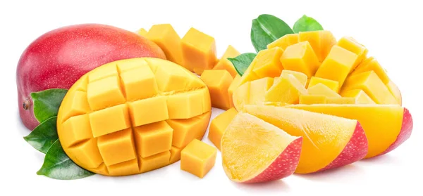 Mango Fruit Met Mango Blokjes Geïsoleerd Een Witte Achtergrond — Stockfoto