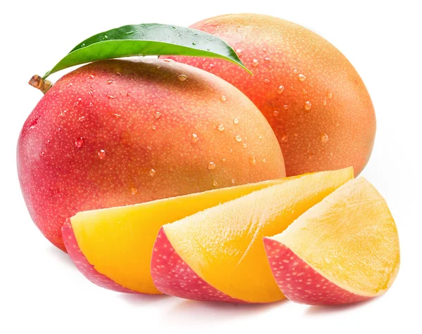 Mango Fruit Met Mango Blokjes Bladeren Geïsoleerd Een Witte Achtergrond — Stockfoto