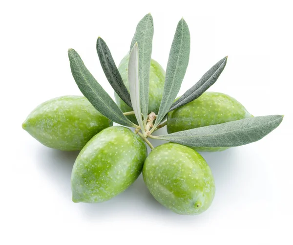 Olive Naturali Verdi Con Foglie Isolate Fondo Bianco — Foto Stock