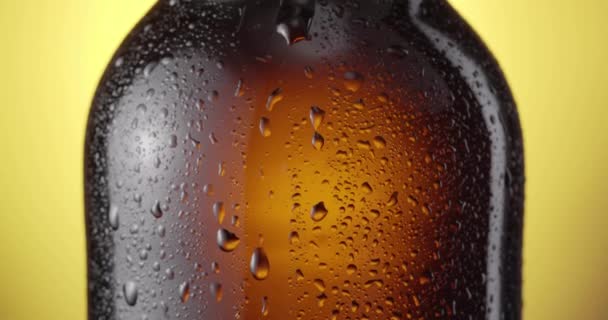 Gota Cerveza Gotea Lentamente Por Botella Cerveza Empañada Siguiendo Cámara — Vídeos de Stock