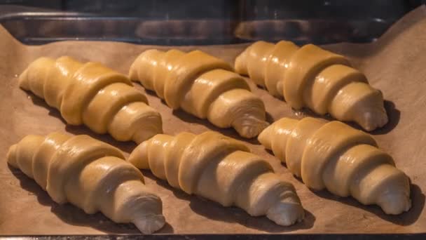 Time Lapse Video Del Proceso Cocción Grupo Croissants Horno — Vídeos de Stock