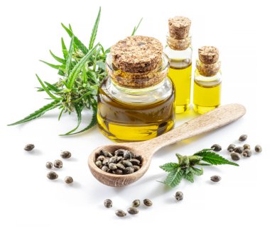 Ahşap kaşıkta esrar tohumları ve beyaz arka planda izole edilmiş kenevir yağı şişeleri. Kapat..