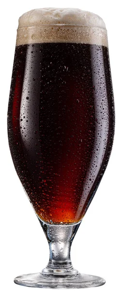 Склянка Темного Пива Краплями Води Холодній Скляній Поверхні Ізольовані Білому — стокове фото