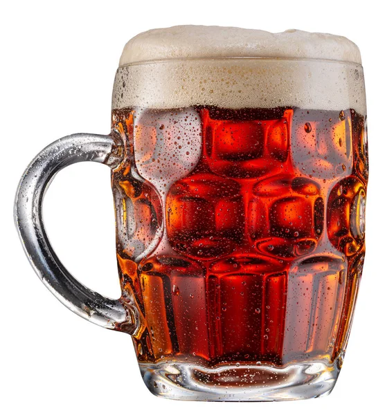 Ein Becher Malzrotes Bier Ein Großer Bierschaum Auf Weißem Hintergrund — Stockfoto