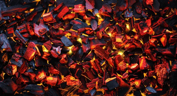 Red Hot Pieces Coals Smolders Fire Stopped Burning Top View — Stock Photo, Image