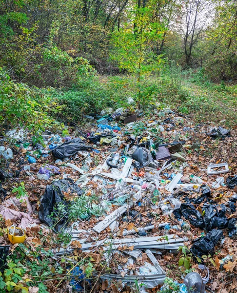 Piles of garbage in the forest. Environmental protection problems background. Free forests!