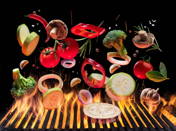 Grilled Vegetables Mushrooms Motion Falling Open Grill Conceptual Photo Barbeque — Stock Photo, Image