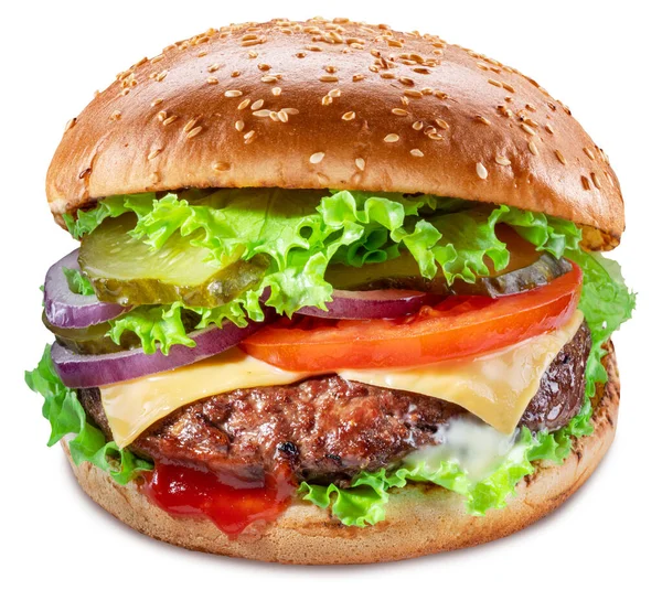 Hambúrguer Delicioso Com Costeleta Carne Legumes Cebolas Isoladas Fundo Branco — Fotografia de Stock