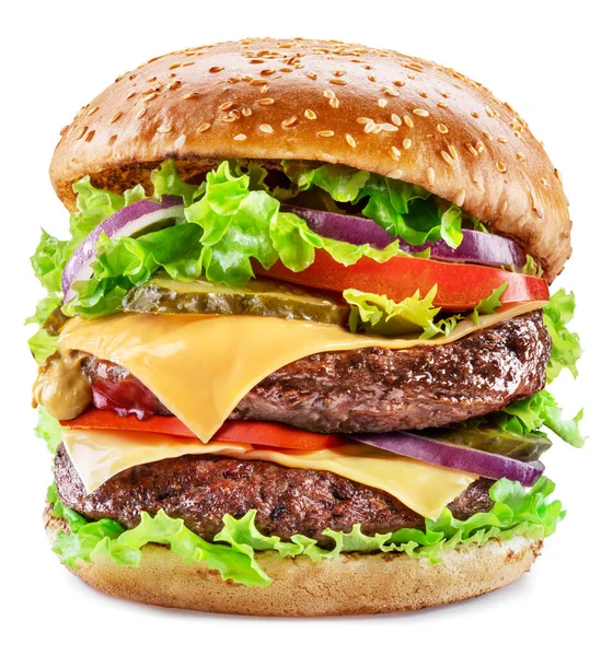 Finom Hamburger Marhahússal Zöldséggel Hagymával Fehér Alapon Elszigetelve Gyorsétterem Koncepció — Stock Fotó
