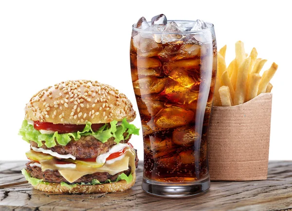 Deliciosa Hamburguesa Con Cola Papas Fritas Aisladas Sobre Mesa Madera — Foto de Stock