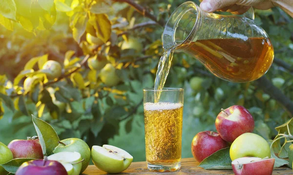 把苹果汁倒入杯子里 夏园里新鲜的有机苹果和放在木制桌子上的苹果汁 — 图库照片