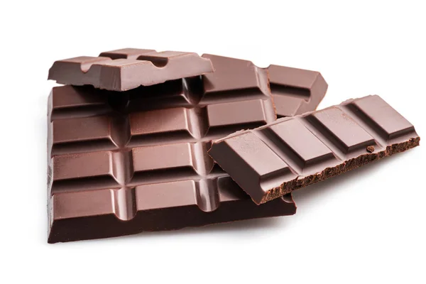 Stukken Pure Chocoladereep Geïsoleerd Witte Achtergrond Zoet Voedsel Gemaakt Van — Stockfoto