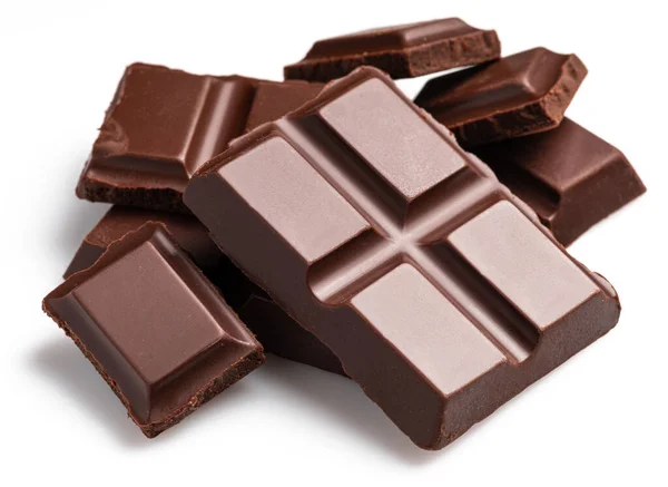 Pedaços Barra Chocolate Escuro Isolado Fundo Branco Comida Doce Feita — Fotografia de Stock