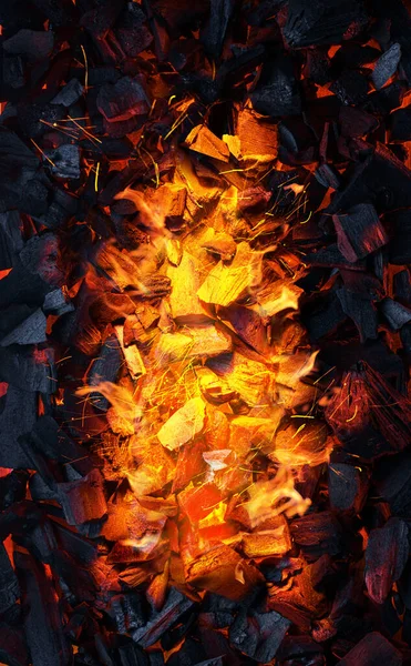 火焰停止燃烧后的红色和炽热的煤块或煤气灶 顶部视图 — 图库照片