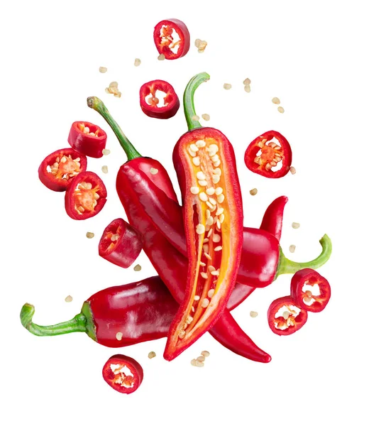 Čerstvé Červené Chilli Papričky Průřezy Chilli Papriček Semeny Plovoucími Vzduchu — Stock fotografie