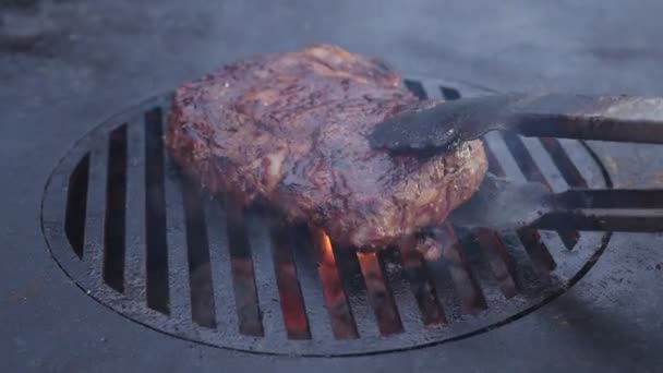 Rib Eye Steaks Spices Barbecue Grill Grate Blazing Fire Slow — Stock Video