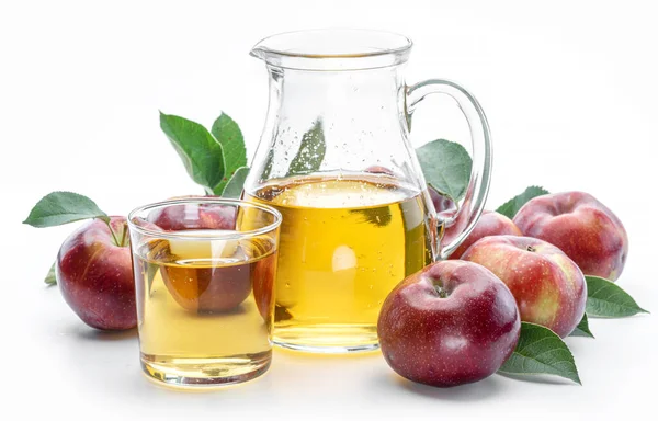 Glass Carafe Fresh Apple Juice Organic Apples Isolated White Background — Stock Photo, Image