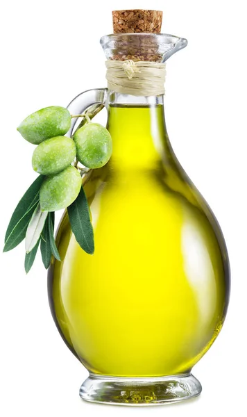 Karafa Olivovým Olejem Zdobená Čerstvým Olivovým Ovocem Soubor Obsahuje Cestu — Stock fotografie