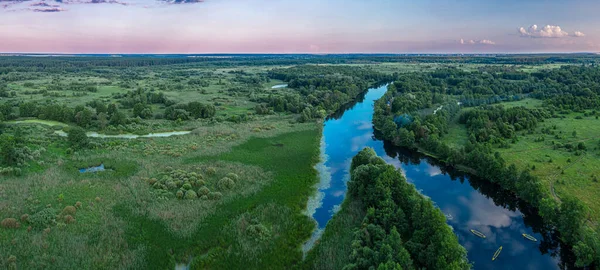 Canoes Calm River Top View Beautiful Picture River Green Banks — Stock Photo, Image