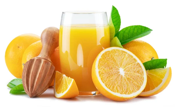 Gelbe Orangenfrüchte Und Ein Glas Frischer Orangensaft Auf Weißem Hintergrund — Stockfoto