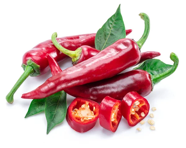 Čerstvé Červené Chilli Papričky Průřez Chilli Papriček Semeny Izolované Bílém — Stock fotografie