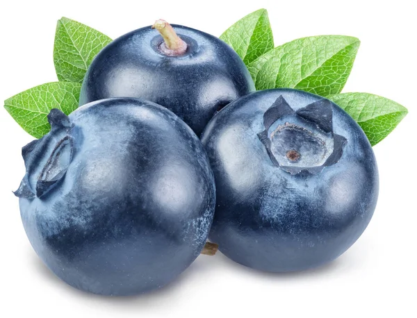 Ripe Three Blueberries Blueberry Leaves Isolated White Background Clipping Path — Stock Photo, Image