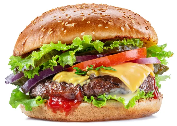 Heerlijke Hamburger Met Rundvlees Groenten Uien Geïsoleerd Een Witte Achtergrond — Stockfoto