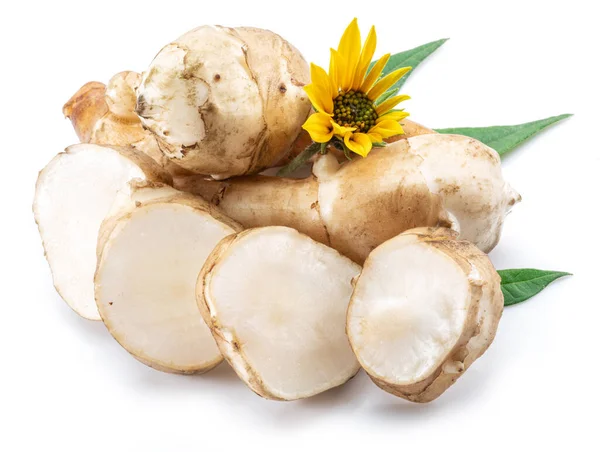 Gerusalemme Radici Carciofo Con Foglie Fiore Topinambur Isolato Fondo Bianco — Foto Stock