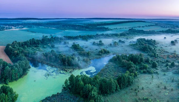 연기가 가강을 아침의 아름다운 파노라마처럼 펼쳐진 과푸른 강둑의 — 스톡 사진