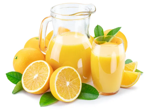 Gelbe Orangenfrüchte Und Frischer Orangensaft Isoliert Auf Weißem Hintergrund — Stockfoto