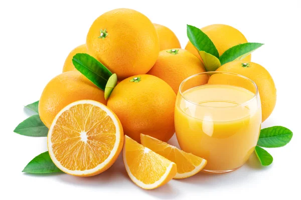 Żółte Owoce Pomarańczowe Szklanka Świeżego Soku Pomarańczowego Izolowane Białym Tle — Zdjęcie stockowe