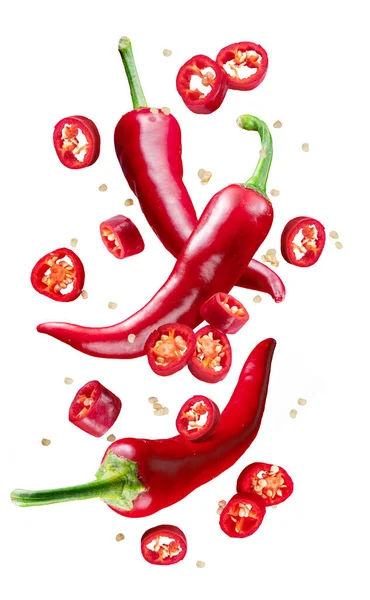 Čerstvé Červené Chilli Papričky Průřezy Chilli Papriček Semeny Plovoucími Vzduchu — Stock fotografie