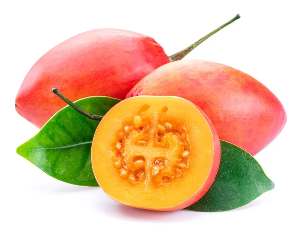 Ripe Tamarillo Φρούτα Φέτες Και Φύλλα Tamarillo Απομονώνονται Λευκό Φόντο — Φωτογραφία Αρχείου