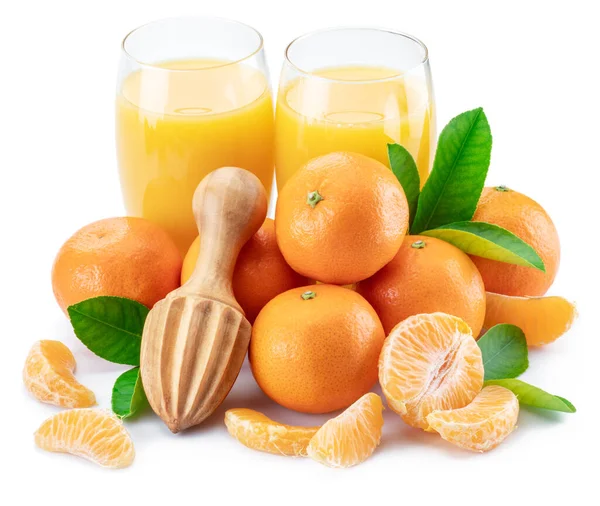 Orange Tangerine Fruits Two Glasses Fresh Tangerine Juice Isolated White — Stock Photo, Image