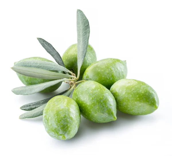 Grüne Natürliche Oliven Mit Isolierten Blättern Auf Weißem Hintergrund — Stockfoto