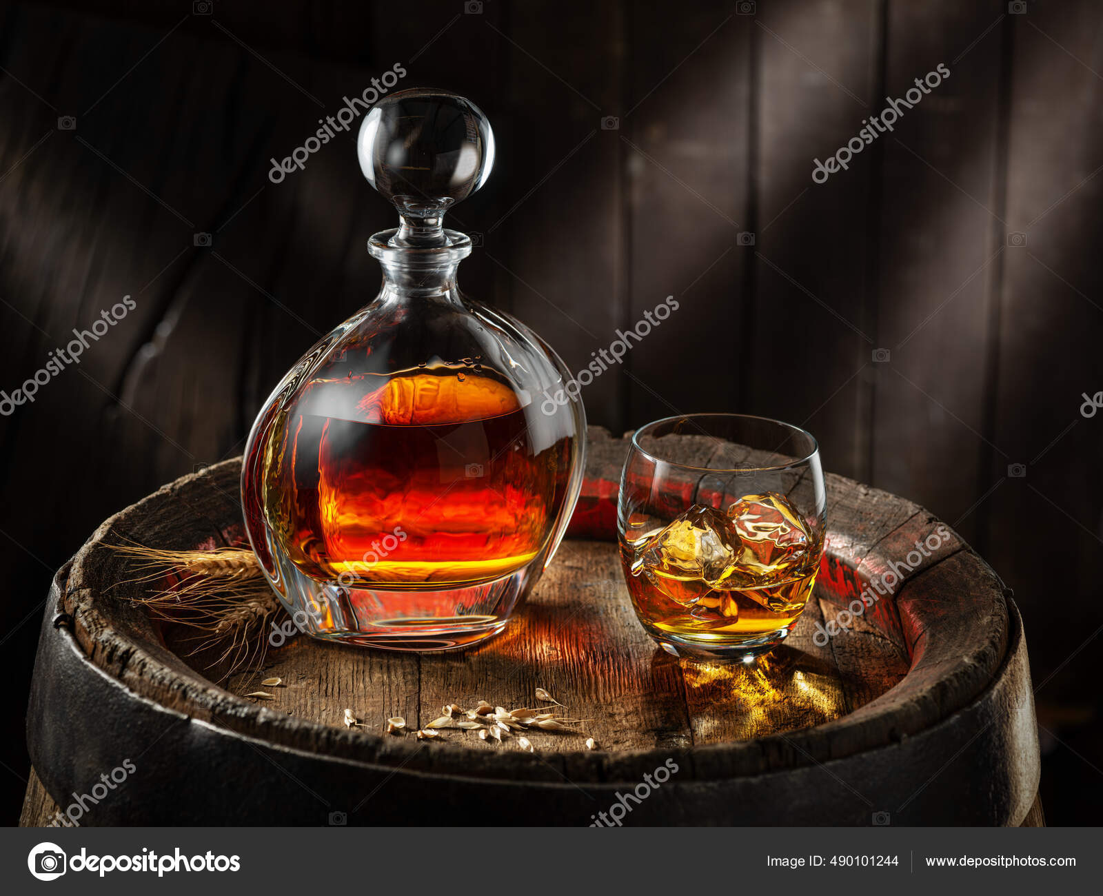 Carafe Whisky Glass Whisky Old Wooden Cask Dark Background Stock Photo by  ©Valentyn_Volkov 490101244