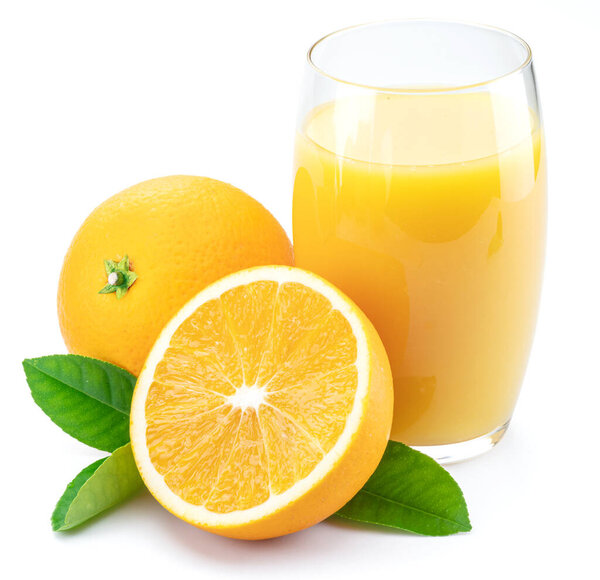 Yellow orange fruits and glass of fresh orange juice isolated on white background.
