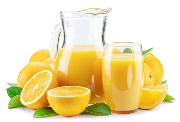 白色背景下分离的黄色橙子和鲜橙汁 — 图库照片