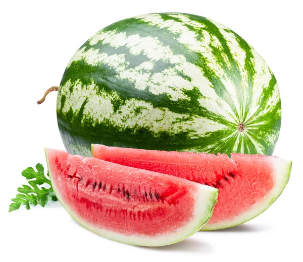 Reife Große Wassermelone Mit Scheiben Und Wassermelonenblättern Isoliert Auf Weißem — Stockfoto