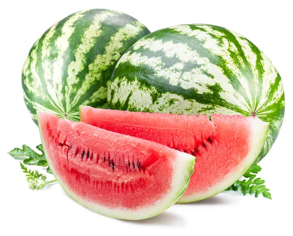 Ripe Big Watermelon Slices Watermelon Leaves Isolated White Background — Stockfoto