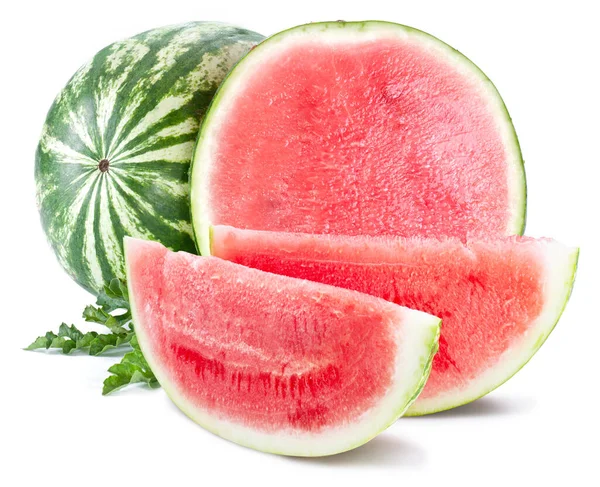 Rijp Grote Zaadloze Watermeloen Met Plakjes Watermeloen Bladeren Geïsoleerd Witte — Stockfoto