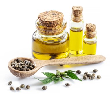 Ahşap kaşıkta esrar tohumları ve beyaz arka planda izole edilmiş kenevir yağı şişeleri. Kapat..