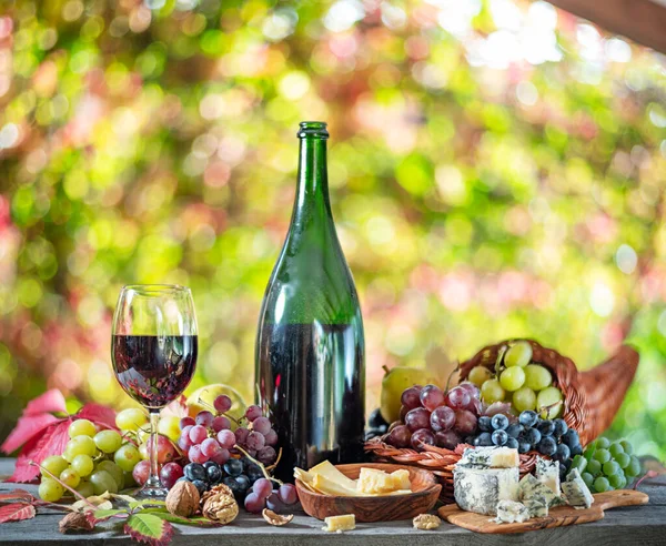 Raisins Bouteille Vin Différents Fromages Sur Table Bois Campagne Fond — Photo