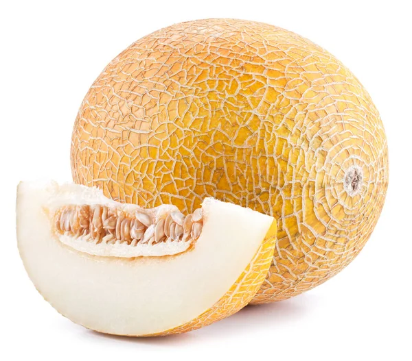 Rijp Gele Meloen Met Schijfjes Meloen Bladeren Geïsoleerd Witte Achtergrond — Stockfoto
