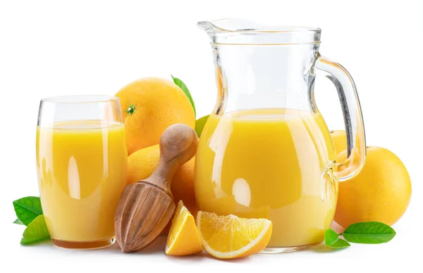 Fruits Orange Jaune Carafe Jus Orange Frais Isolés Sur Fond — Photo