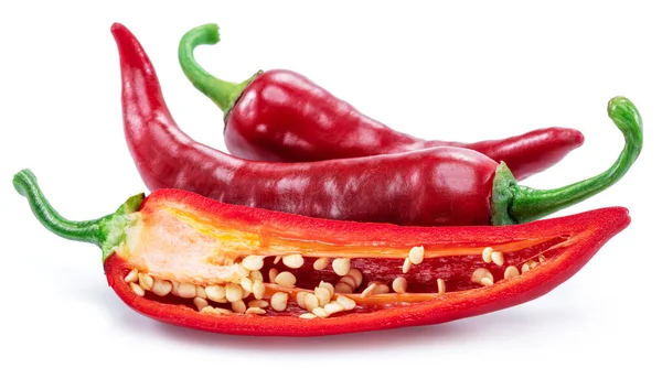 Fersk Rød Chilipepper Tverrsnitt Chili Pepper Med Frø Isolert Hvit – stockfoto