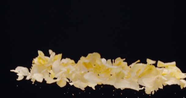 Natürliche Kartoffelchips Steigen Und Fallen Vor Schwarzem Hintergrund Zeitlupe 300 — Stockvideo