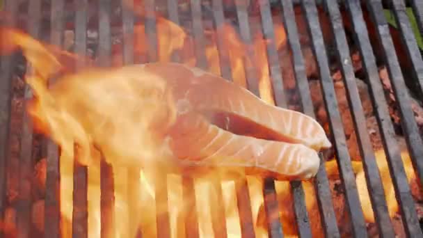 Bistecca Salmone Una Griglia Griglia Griglia Con Fuoco Ardente — Video Stock