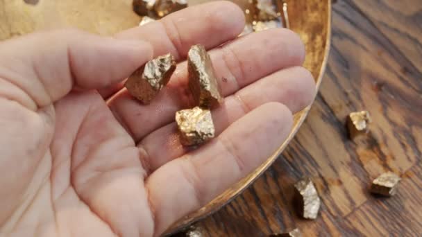 男性の手は金砂を洗うためにボウルの上に金のナゲットのいくつかの部分をフィンガーしている — ストック動画