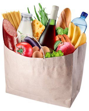 Paper bag with food isolated on a white background. clipart